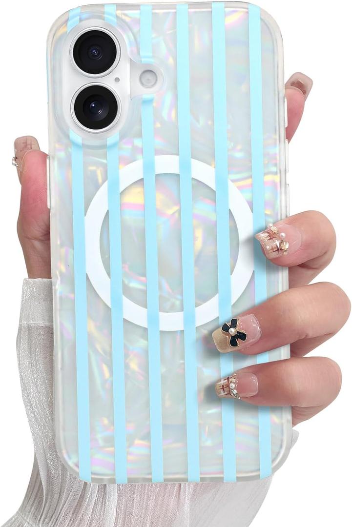 SOKAD Magnetic Stripes for iPhone 17 Case, Compatible with Magsafe, Cute Vertical Striped Design Glitter Opalescent Seashell for Women Girls, Stylish Matte Protective Phone Cover, Blue