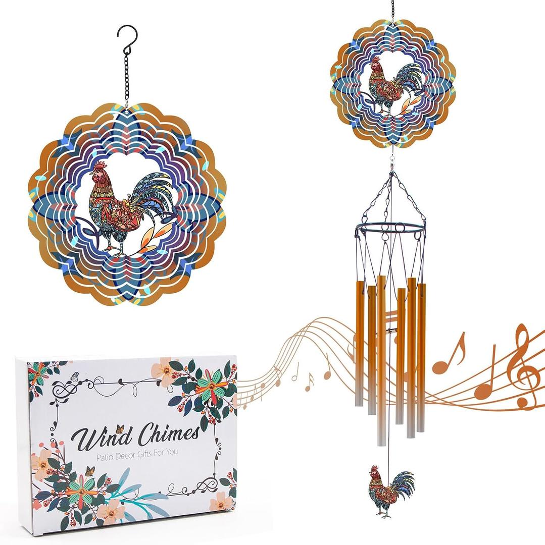 Wind Chimes with Rooster Wind Spinner, Chicken Gifts for Men, Women, Retirement, Teacher, Parents - Outdoor Hanging Decor Clearance for Garden, Patio, Backyard Or Porch