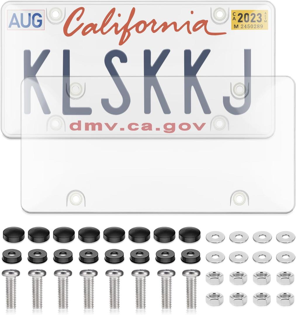 2 Pack Clear License Plate Covers, License Plate Protector Unbreakable Plastic Shields Tag Holder Fits Standard US Plate with Screws Caps