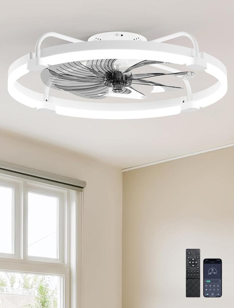 Ensenior Ceiling Fans with Lights and Remote, 24'' Low Profile Ceiling Fan Flush Mount, APP Control, 6 Speed, 3CCT, Quiet Reversible DC Motor, Dimmable Modern Ceiling Fan with Light for Bedroom-White