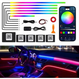 Dreamcolor Acrylic Interior Car LED Strip Lights, 6 in 1 Ambient Lighting Kit with Wireless APP, Dynamic Chasing Music Sync Fiber Optic Lights with DIY Mode, Car Inside Lighting Accessories