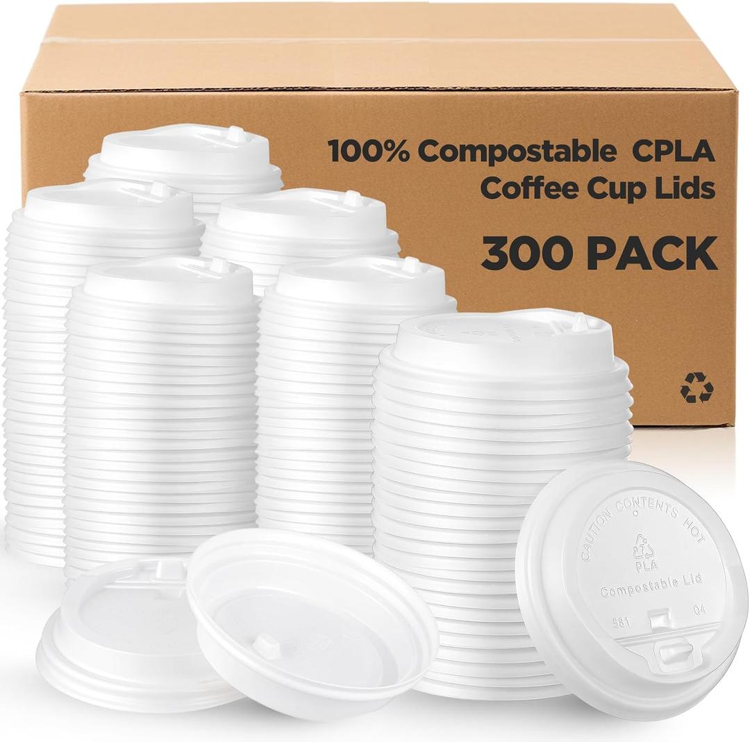 Kathfly 300 Count 100% Compostable CPLA Coffee Cups Lids Bulk 3.54 Inch White Disposable CPLA Hot Cup Lid Fit 10/12 /16/20 oz Paper Cup Convenient Sip Hole Leak Proof for Hot Drink Cold Water Beer