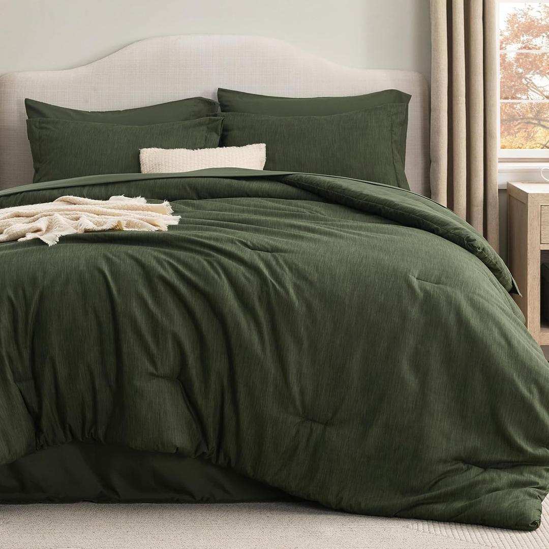 Bedsure Queen Comforter Set Dark Green - Bed in a Bag Queen Size Bedding 7 Pieces, Cationic Dyed Bed Set, Dark Green Soft Bedding for All Seasons Comforter with Sheets, Pillowcases & Shams