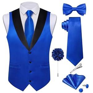 DiBanGu Mens Shiny Satin Vest Tie Set 8PCS Solid Waistcoat and Pre-tied Bowtie Shawl Collar Dress Vest for Wedding Formal, Royal Blue, Medium