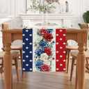 4th of July Table Runner Red White and Blue Flowers Stripe Stars 13x60 Inch Memorial Day Independence Day Patriotic Kitchen Table Decoration for Home