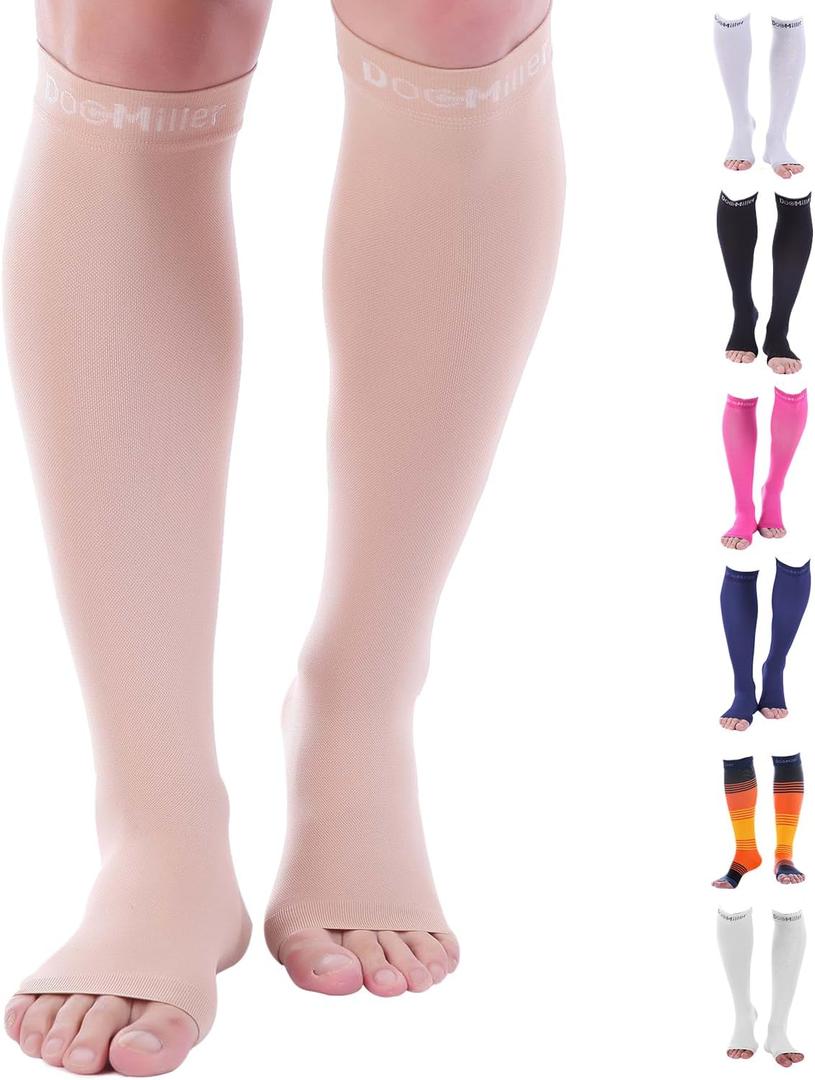 Doc Miller, Open Toe Compression Socks, 8-15 mmHg, Toeless, Support Circulation, Shin Splints, Calf Recovery, Varicose, Knee High, Medical Grade, Skin/Nude Socks, 4X-Large Size for Men & Women, Pair
