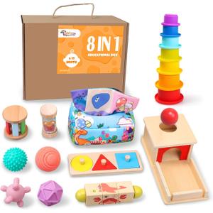 Montessori Toys for Babies 6-12 Months,1 Year Old,8 in 1 Baby Sensory Toy for 12-18 Months Toddler,Wooden Educational Development Toys with Soft Stacking Cup&Sensory Ball&Tissue Box