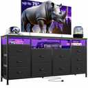 Garvee 63 Inch TV Stand for 65–75 Inch TV, Entertainment Center with 10 Fabric Drawers, LED Lights, Power Outlets & Open Storage Shelves