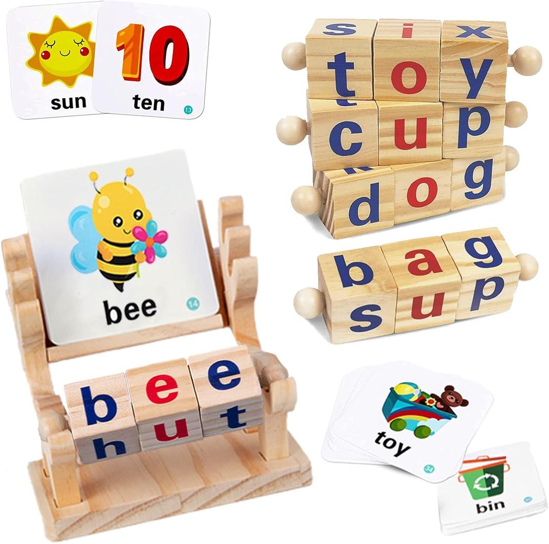 Wooden Reading Blocks for Kids 3 4 5 Years, Short Vowel Rods Spelling Games Flash Cards Turning, Site Words Montessori Spinning Alphabet Learning Toy for Preshcool Boys Girls.