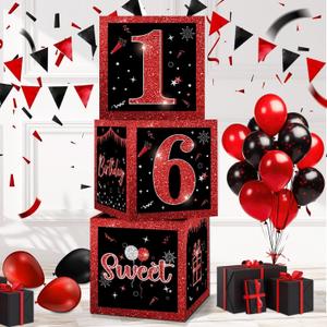 3 Pcs Happy 16th Birthday Decorations Red Black Balloon Box for Boys Girls Sweet 16 Birthday Party Sixteen Year Old Theme Balloons Cardboard Boxes Gift Supplies Table Centerpieces Decor