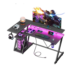 47 Inch Gaming Desk with Power Outlet & LED Lights, Corner Computer Desk with 3 Tiers Storage Shelves, Home Office Desk with Monitor Stand for Small Space, Carbon Fiber Black