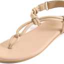Rihero Rope Thong Sandals for Women Ankle Strap Slip On Comfortable Beach Flat Sandals (Beige)