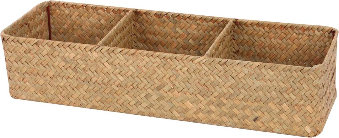 Shelf Baskets with Dividers, Seagrass Storage Baskets Rectangular Wicker Woven Back of Toilet Basket for Home Organizer (Natural,16.5"x5.5"x3.54")
