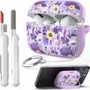 TATOFY Lock Case for Airpods Pro Case, Flowers Hard iPod Pro Cover for Women Girls with Phone Stand Cleaner Kit (Lavender, AirPods Pro 2 & Pro)