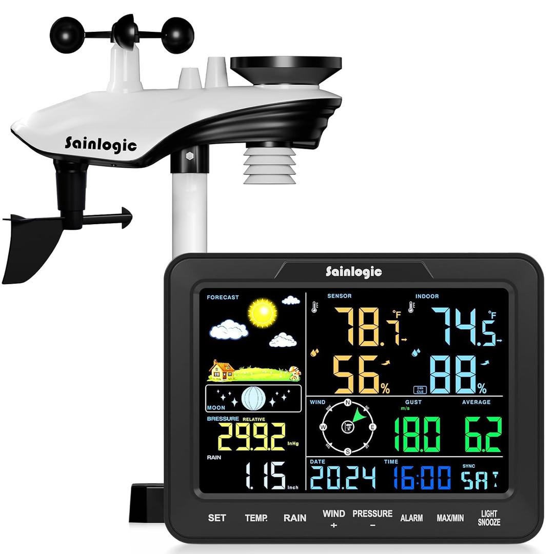 Sainlogic 12-in-1 Home Weather Station Wireless Indoor Outdoor and Rain Gauge Outdoor for Temperature, Humidity, Forecast, Pressure, Moon Phase, Alarm for Bedroom, Black (No WiFi)