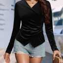 Women's Velvet Wrap Top, Wrap V Neck Ruched Asymmetrical Long Sleeve Slim Fit Dressy Blouse (Black)