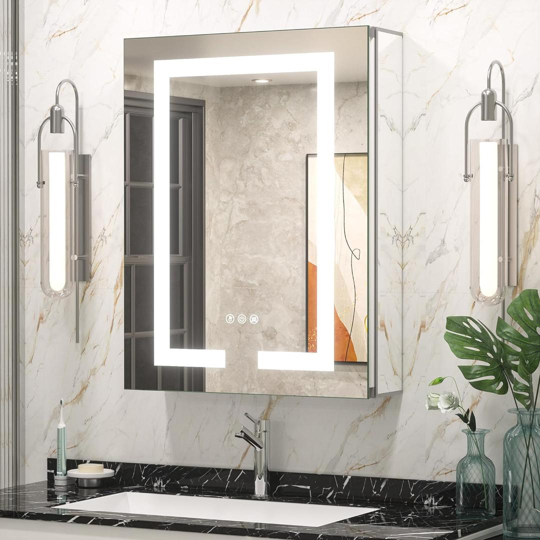 Keonjinn 20 x 26 Inch Lighted Medicine Cabinet with Mirror Surface Mount or Recessed, 3 Color Dimmable Frontlit Medicine Cabinet with Lights, Tempered Glass UL Listed LED 2-Side Mirror with Storage (Silver)