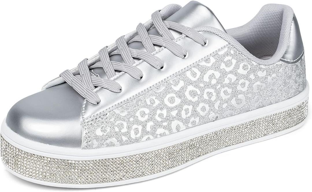 UUBARIS Women's Glitter Tennis Sneakers Neon Dressy Sparkly Sneakers Rhinestone Bling Wedding Bridal Shoes Shiny Sequin Shoes (8.5)