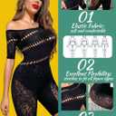 Womens Lingerie Fishnet Dress, Women's Sheer Mesh Long Sleeve Bodycon Dress - Rhinestone Embellished (Black)