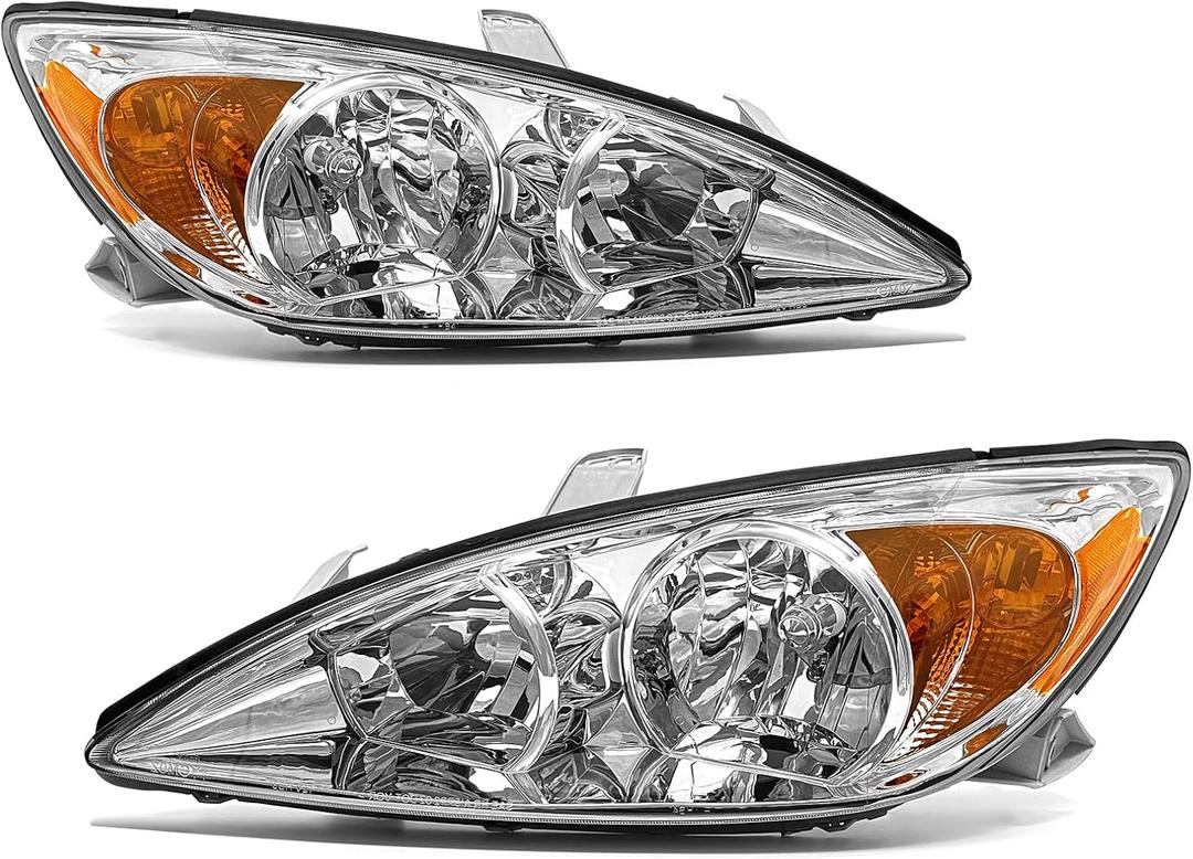 Headlight Assembly for 2002 2003 2004 Toyota Camry Le/Xle Sedan 4-Door Driver Hybrid Headlamp& Passenger Side(Chrome Housing with Amber Reflector)