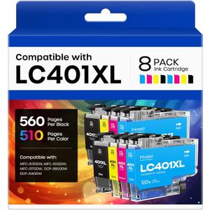 iNKPAD LC401XL LC401 Ink Cartridges Compatible with Brother LC401XL LC401 XL LC-401 Ink Cartridges Replacement for Brother MFC-J1010DW MFC-J1012DW MFC-J1170DW MFC-J1800DW Printer (8 Pack, BK/C/M/Y)
