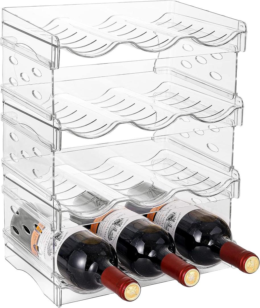 IEEK 4 Pack Stackable Wine and Water Bottle Holder Free-Standing Fridge Wine Bottle Organizers Clear Plastic Water Bottle Holder for Cabinet, Refrigerator, Pantry, Kitchen Countertops, Holds 12 Bottles