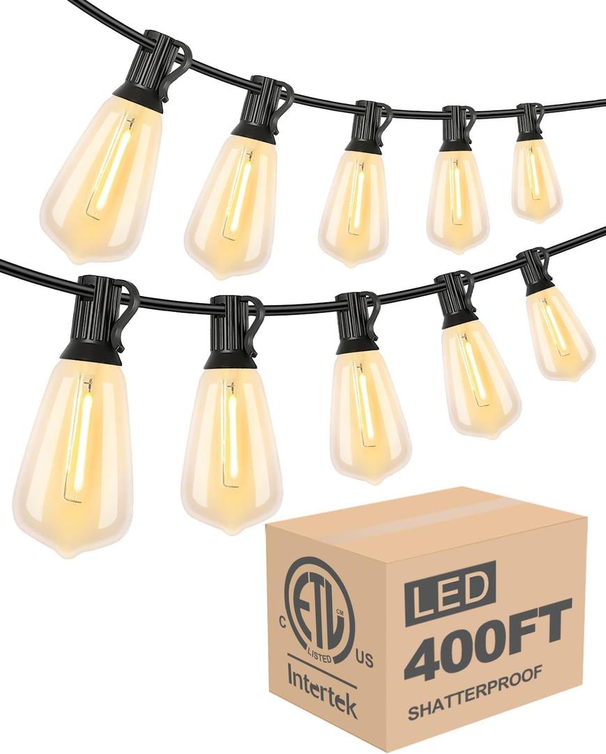 Lightdot 400FT Outdoor String Lights, LED Bistro String Lights with Shatterproof ST38 Vintage Bulbs, 2200K Dimmable, Waterproof Hanging Lights for Porch, Deck, Garden, Backyard, Balcony - ETL Listed