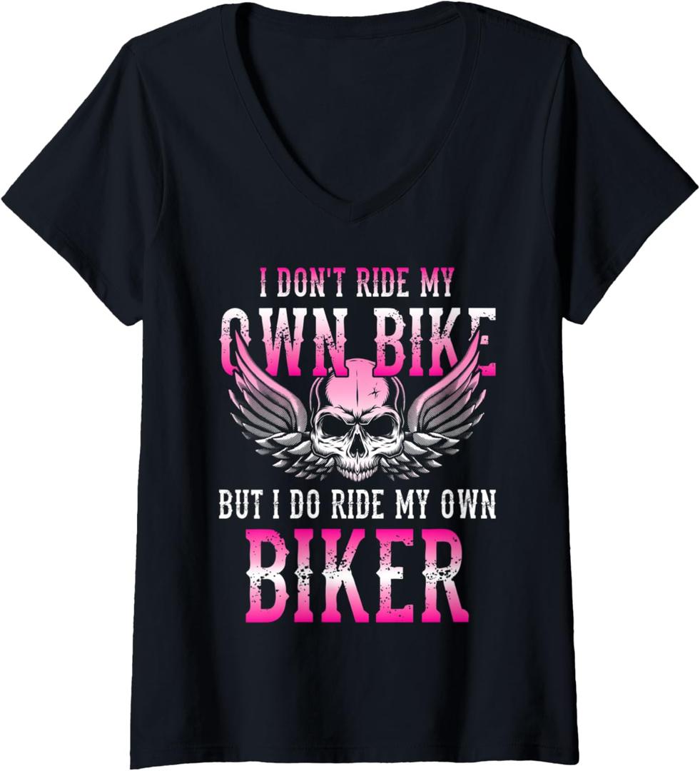Womens I Dont Ride My Own Bike But I Ride My Own Biker Motorcycle V-Neck T-Shirt (Small, Black)