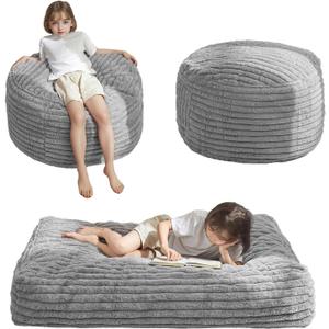 MAXYOYO Kids Bean Bag Chair Bed, Convertible Children Chair to Floor Mattress with Filler, Faux Fur Bean Bag Bed Stuffed Child Sofa Couch for Girl Boy Sleeping, Machine Washable Cover, Grey (Standard, Plush Corded - Grey)