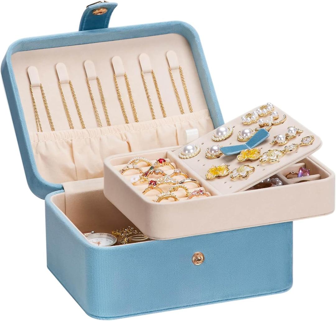 Homde Jewelry Box Small for Women: Ring Earring Organizer Storage for Dresser - Necklace Bracelets Holder with Multi Compartments(Light Blue)