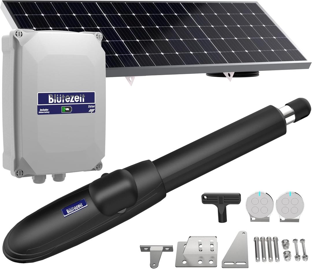 Bltezeit Solar Swing Gate Opener, 880lb Single-Arm Operator with Built-in 24V Lithium Battery & 25W Solar Panel, Integrated Control Box for Easy Install, Smart Auto Setting, 2 Remotes & Complete Kits