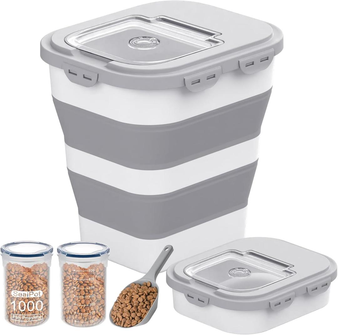 35-40 Lbs Airtight Dog Food Storage Container, Collapsible Dog Food Container with Lid, Wheels, Date Track,Large Pet food storage Container for Rice,Flour,Dog Food Scoop and 2PCS Containers