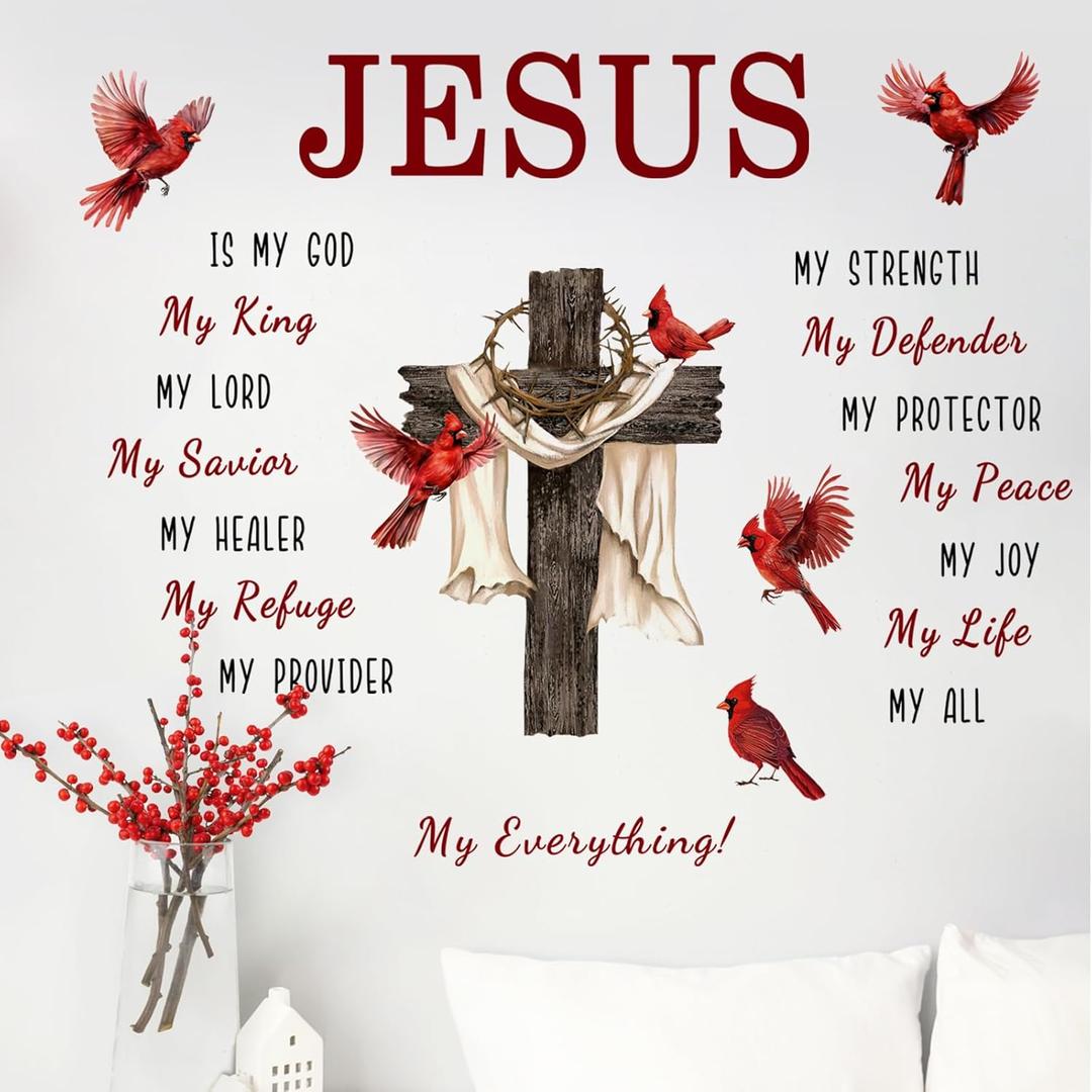 Yovkky Christian Cross Cardinal Memorial Wall Decals Stickers, Religious Red Birds Jesus is My God Home Bedroom Decor, Bible Verse Quotes Living Room Kitchen Decorations Art