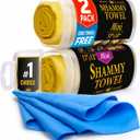 Premium 2pk Mini +1 Free Shammy Cloth for Car Drying - 17x13 - Super Absorbent Chamois Towel for Car - Scratch-Free, Reusable & Soft Cleaning Towel (Yellow, Blue)