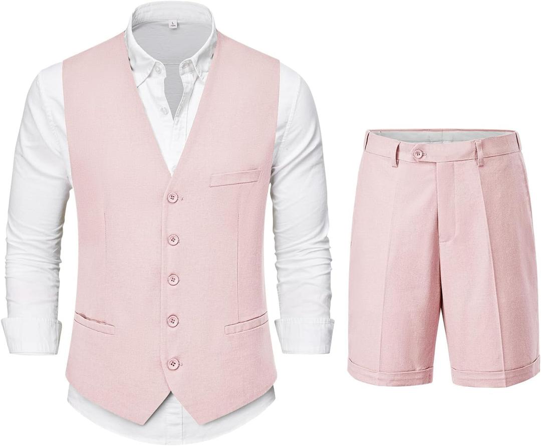 YND 2-Piece Mens Linen Waistcoat Shorts, Lightweight Vest Pants, Casual Wedding Beach Summer Prom Homecoming Outfit (X-Large)