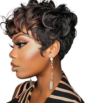 Pixie Cut Wigs Black And Brown Ombre Wig Linen Short Curly Wigs With Bangs Short Brown Wig Ombre Pixie Cut Wigs For Black Women(Black Mixed Brown)