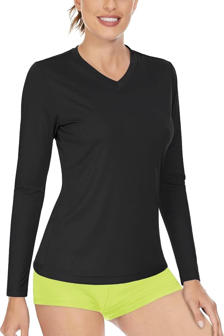 Boladeci Women's Swim Shirts Long Sleeve V Neck T Shirts UPF 50+ Sun Protection Quick Dry Rash Guard (Black, XXL)