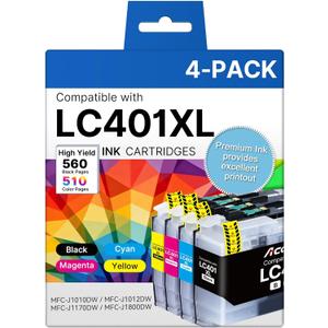 LC401XL Ink Cartridges for Brother Printer High Yield 4-Pack Replacement for Brother LC401 Ink Cartridges LC401 XL Work with MFC-J1010DW MFC-J1170DW MFC-J1012DW MFC-J1800DW Black Cyan Magenta Yellow