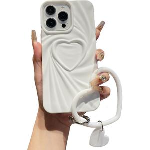 Compatible with iPhone 15 Pro Max Cute Case, White 3D Pleated Love Heart Phone Case with Heart Bracelet Chain, Soft Shockproof TPU Protective Cover for Women Girls, Kids (White, For iPhone 15 Pro Max)