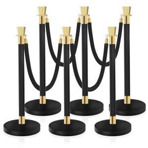 Black Stanchion, 5 ft Black Velvet Rope Red Carpet Ropes and Poles, Stainless Steel Stanchions Post Used for Theaters, Parties, Wedding, Exhibition, 6PCS