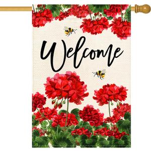 Baccessor Spring Summer Geranium Welcome House Flag Double Sided Summer Bee Red Floral Burlap Yard Flag House Seasonal Farmhouse Outside Outdoor Decoration 28 x 40 Inchlarge