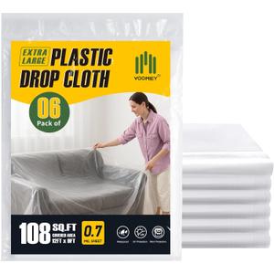 2 x Voomey 6-Pack Plastic Drop Cloth 9x12 Feet - Waterproof and Clear Drop Cloth for Painting Sheet - Plastic Sheeting - Furniture Protection, and Floor Covering