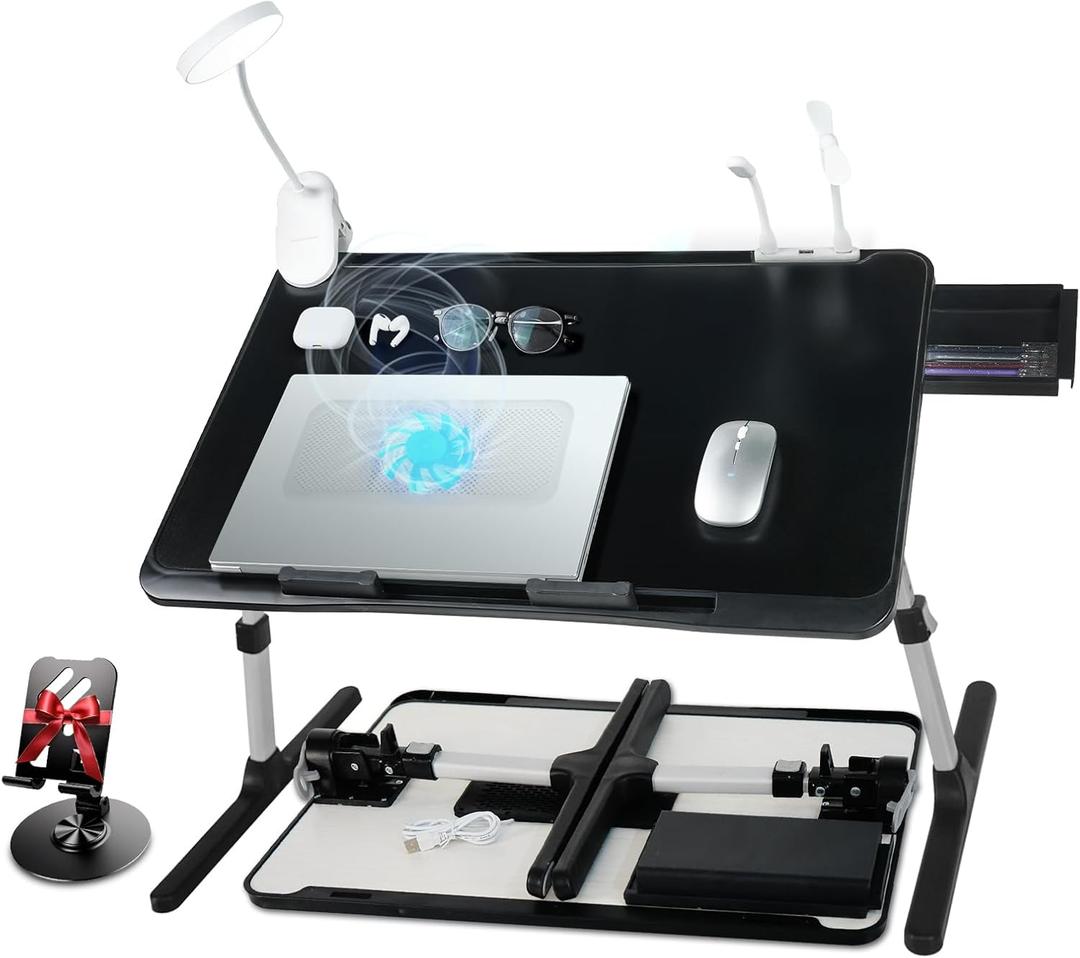 iXTRA Laptop Lap Desk Include Cooling Fan,Adjustable Lap Desk with Light Fan,Folding Laptop Desk for Bed with USB,Bed Desk with Storage Drawer 60 * 40cm, Black