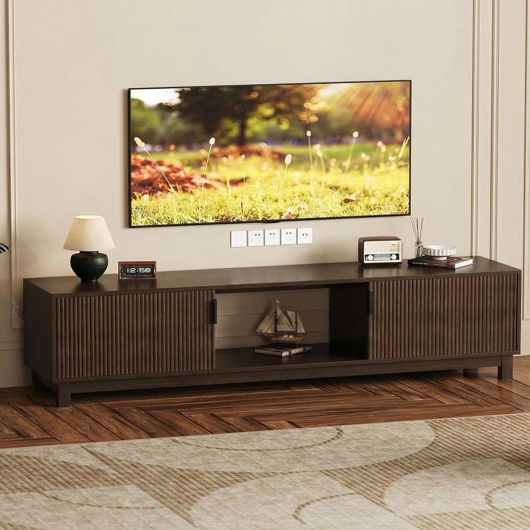 Garvee Fluted TV Stands for TVs Up to 80 in, Mid Century Modern Entertainment Center with Open Storage Compartments, 70 in Long Wooden TV Console for Living Room Bed Room- Walnut
