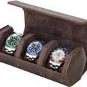 Genuine Leather Watch Roll Travel Case, Vintage Full Grain Leather Hexagon Watches Storage Organizer with Display Removable Pillows & Solid Dividers for Home Storage &Display(3 Slots)