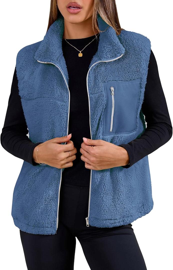 SimpleFun Women's Fuzzy Fleece Vest Trendy Zip Up Sleeveless Sherpa Jacket Stand Collar Winter Coat Outerwear with Pockets (Blue) M