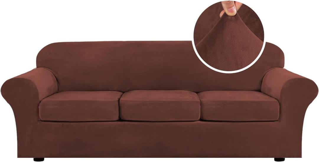 H.VERSAILTEX High Stretch Sofa Slipcover 4 Piece Cover Velvet Furniture Protector Form Fit Thick Velvet Extra Large Sofa Cover for 3 Cushion Couch Width Up to 97 Inch (Large Sofa, Burnt Brick)