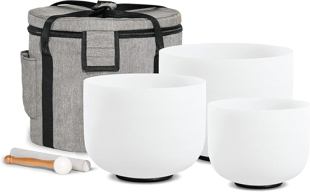 Set of 3 PCS 440HZ 6" A Note 8" F Note and 10" C Note Frosted Chakra Quartz Crystal Singing Bowl with Carry Case Bag for Sound Healing Meditation