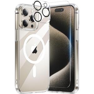 for iPhone 15 Pro Max Case, with 1X Screen Protector + 1X Camera Lens Protector, Compatible with Magsafe [Yellowing Resistant] Military-Grade Protection, Clear Case for iPhone 15 Pro Max