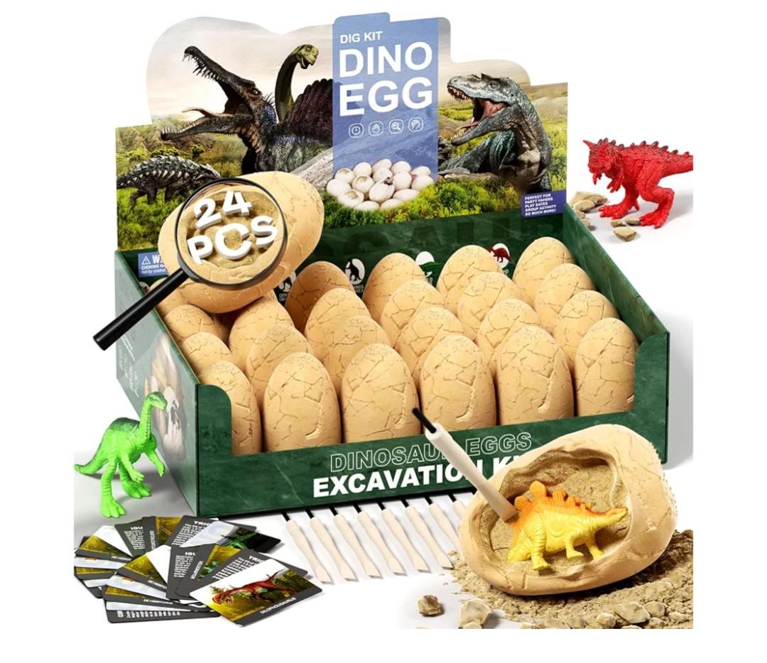 24 Dinosaur Eggs Dig Kit Toys for Kids, Dinosaur Eggs Excavation Kit with Magnifier, Easter Basket Stuffers, Science STEM Birthday Party Favors Gifts for Boys Girls Age 3 4 5 6 7 8 9 10 + Years Old